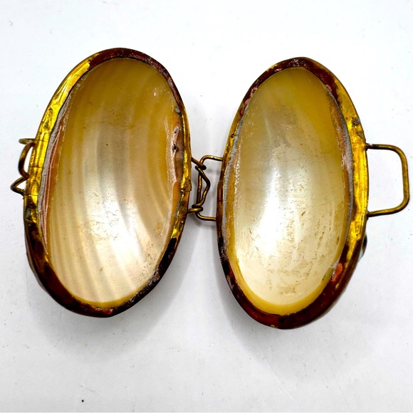 VTG Seashell Brass Hinged Coin Purse Pill Trinket Box Mother Of Pearl - Picture 5 of 6